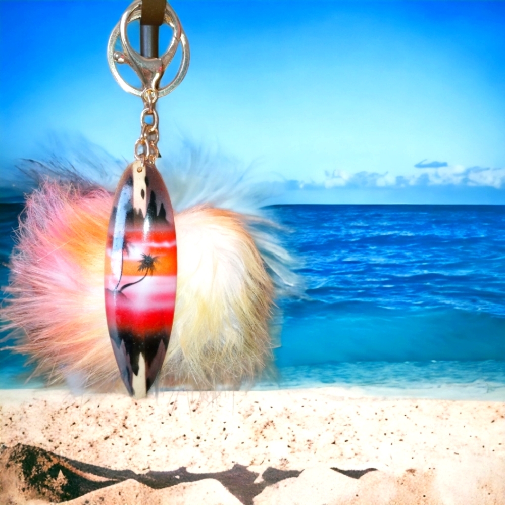 💕 2/$12 Surf Board Pompom Keychain Bag Tag